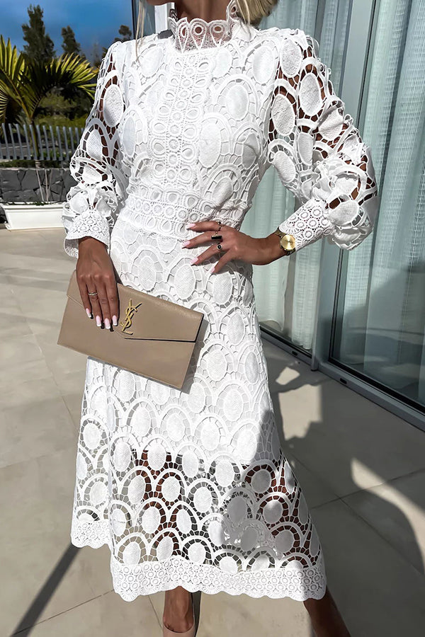 Clementina - Elegant Women's Lace Midi Dress with High Neck and Puff Sleeves