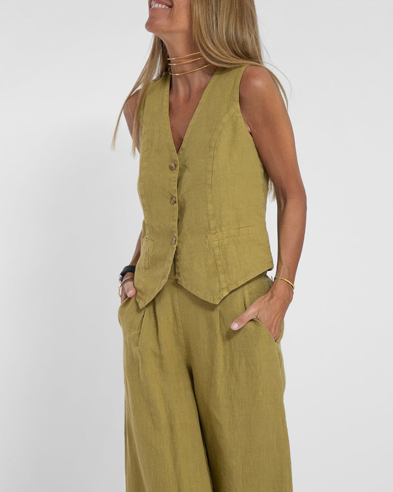 Alexandria - Women's Elegant 2-Piece Linen Set with Wide-Leg Trousers and Cardigan