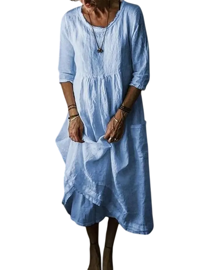 Iseult - Loose Fit Cotton Linen Women's Dress with Asymmetric Hem and Pockets