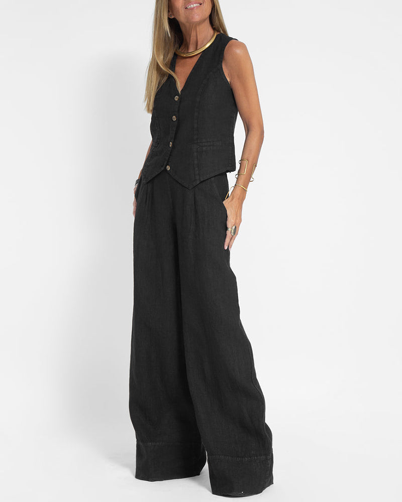 Alexandria - Women's Elegant 2-Piece Linen Set with Wide-Leg Trousers and Cardigan