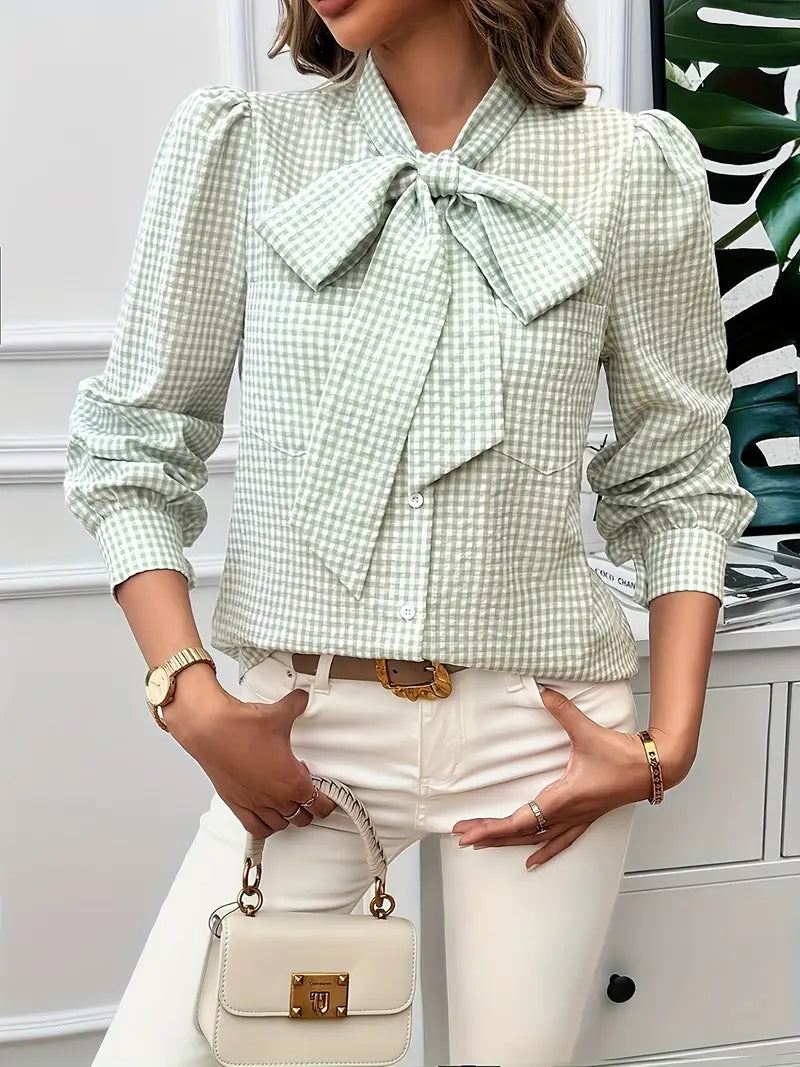 Karen - Charming Cotton Blouse with Bow Tie and Gingham Pattern
