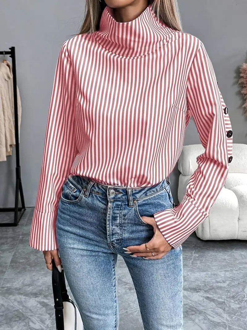 Kathleen - Stylish Striped Blouse with High Collar and Button Cuffs