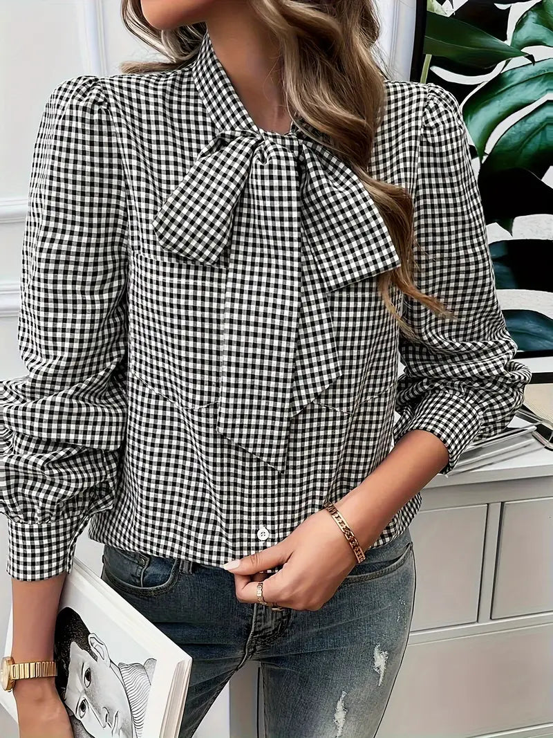 Karen - Charming Cotton Blouse with Bow Tie and Gingham Pattern