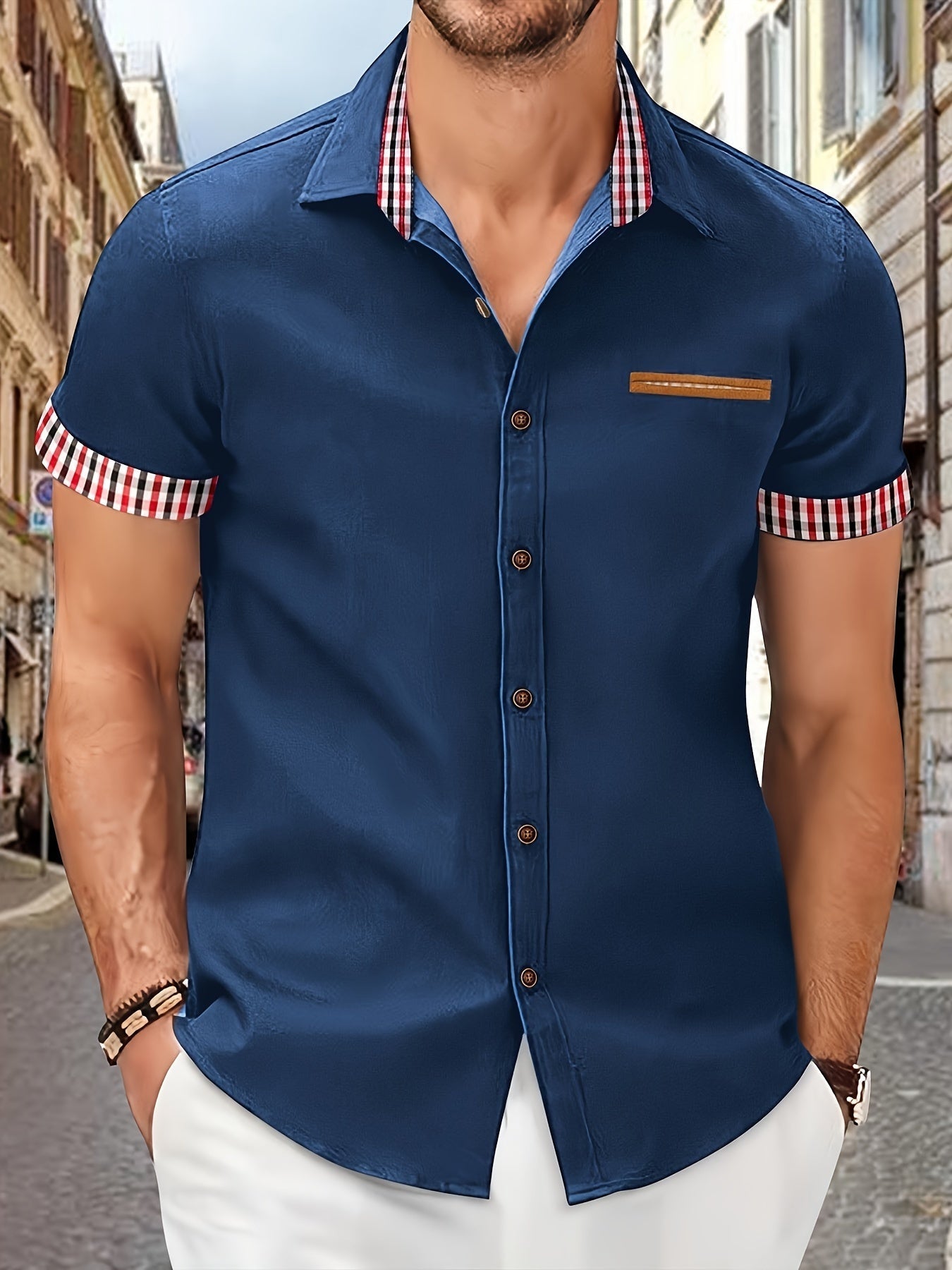 Joel - Stylish Men's Short-Sleeved Shirt with Decorative Chest Pocket