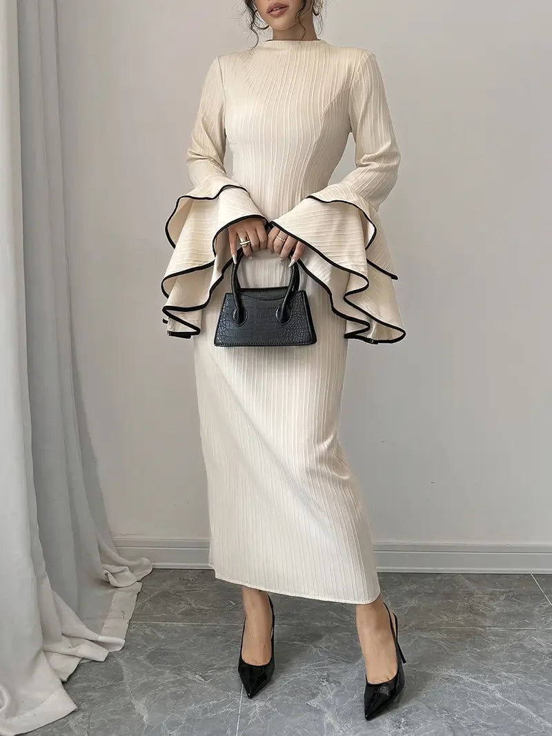 Nerys - Elegant Midi Dress with Flared Sleeves and High Neckline