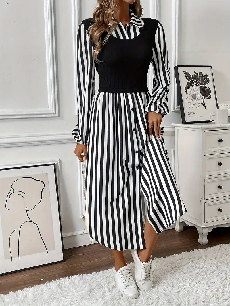 Candice - Elegant Striped Midi Dress with Collared Neckline and Long Sleeves