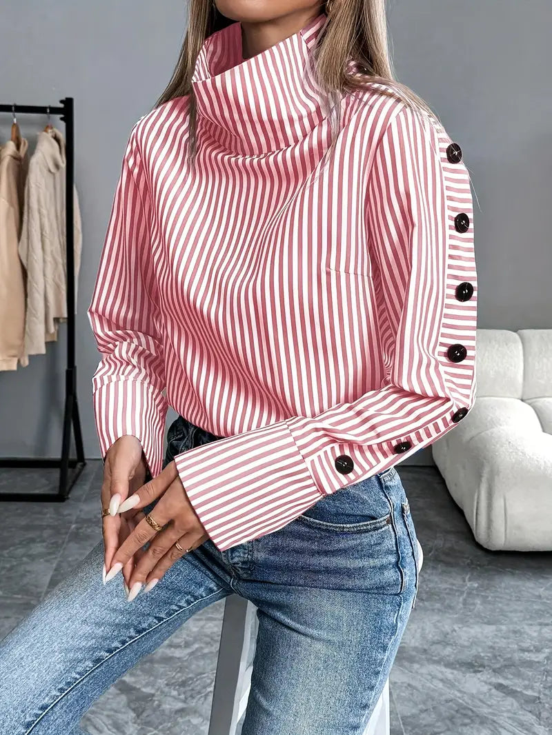 Kathleen - Stylish Striped Blouse with High Collar and Button Cuffs