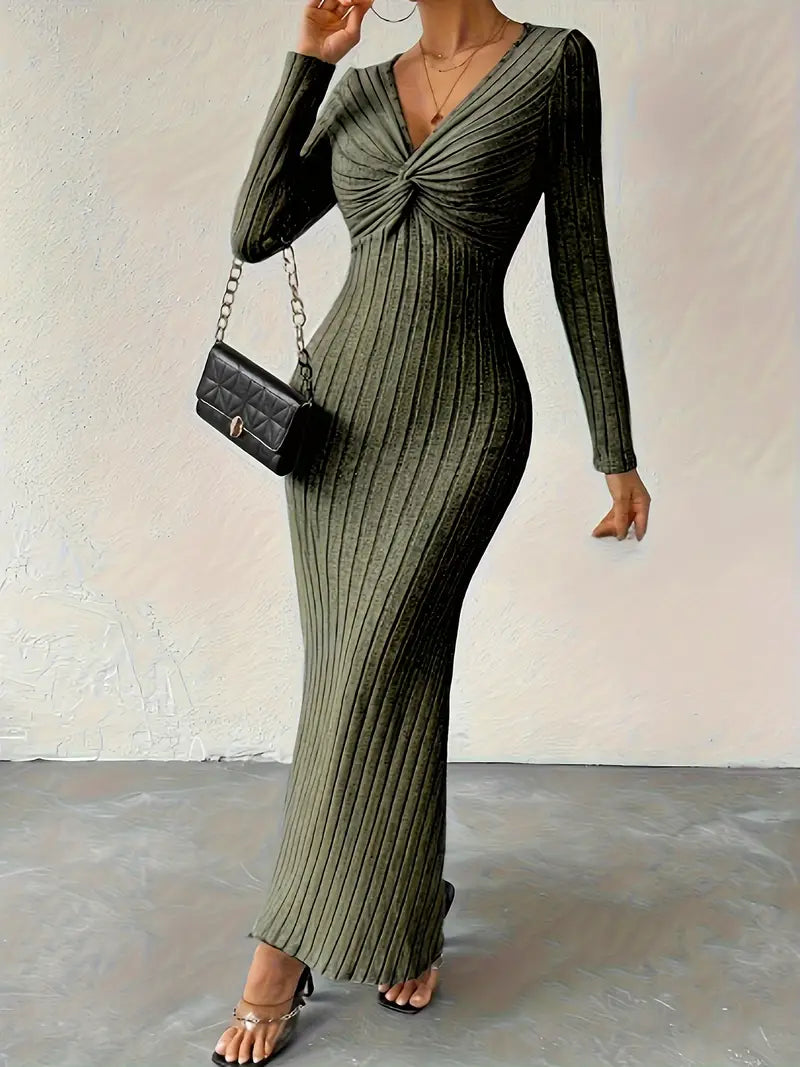 Ottilie - Chic Sexy Knitted Maxi Dress with Twisted Front and Deep V-neck