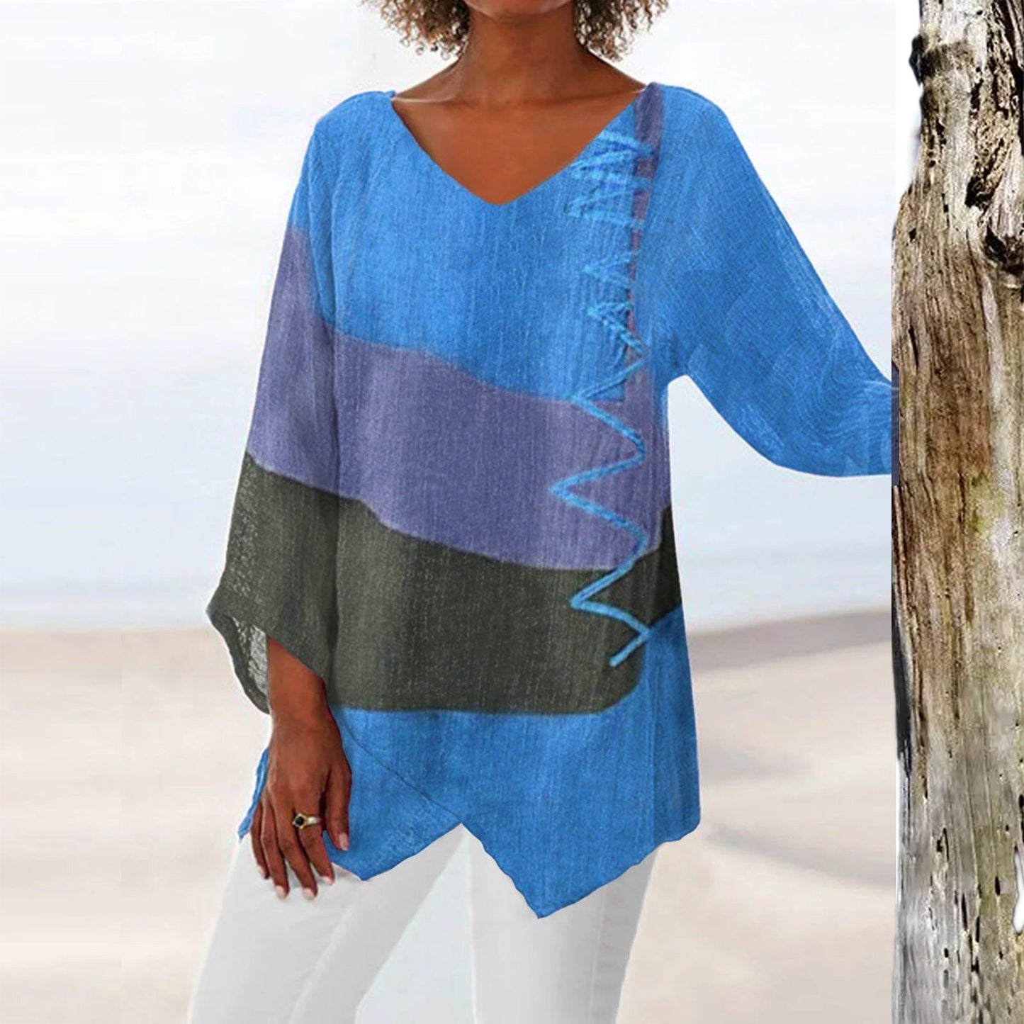 Cyrene- Artistic Retro T-Shirt with Cotton and Linen Blend