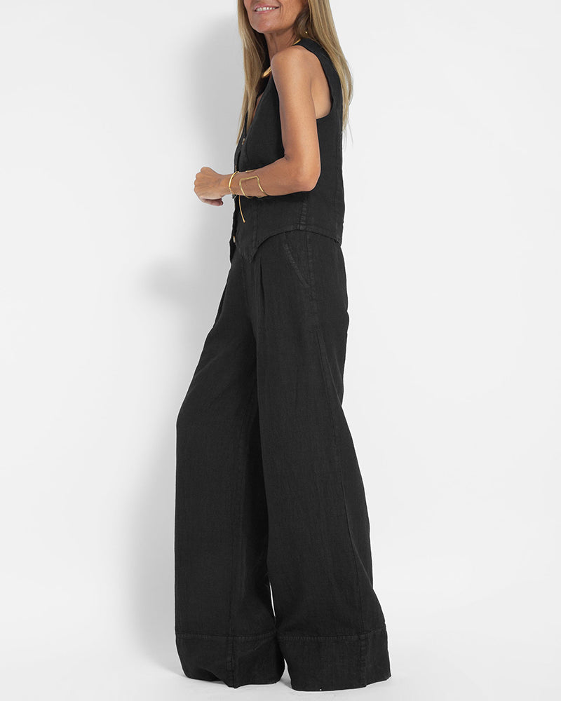 Alexandria - Women's Elegant 2-Piece Linen Set with Wide-Leg Trousers and Cardigan