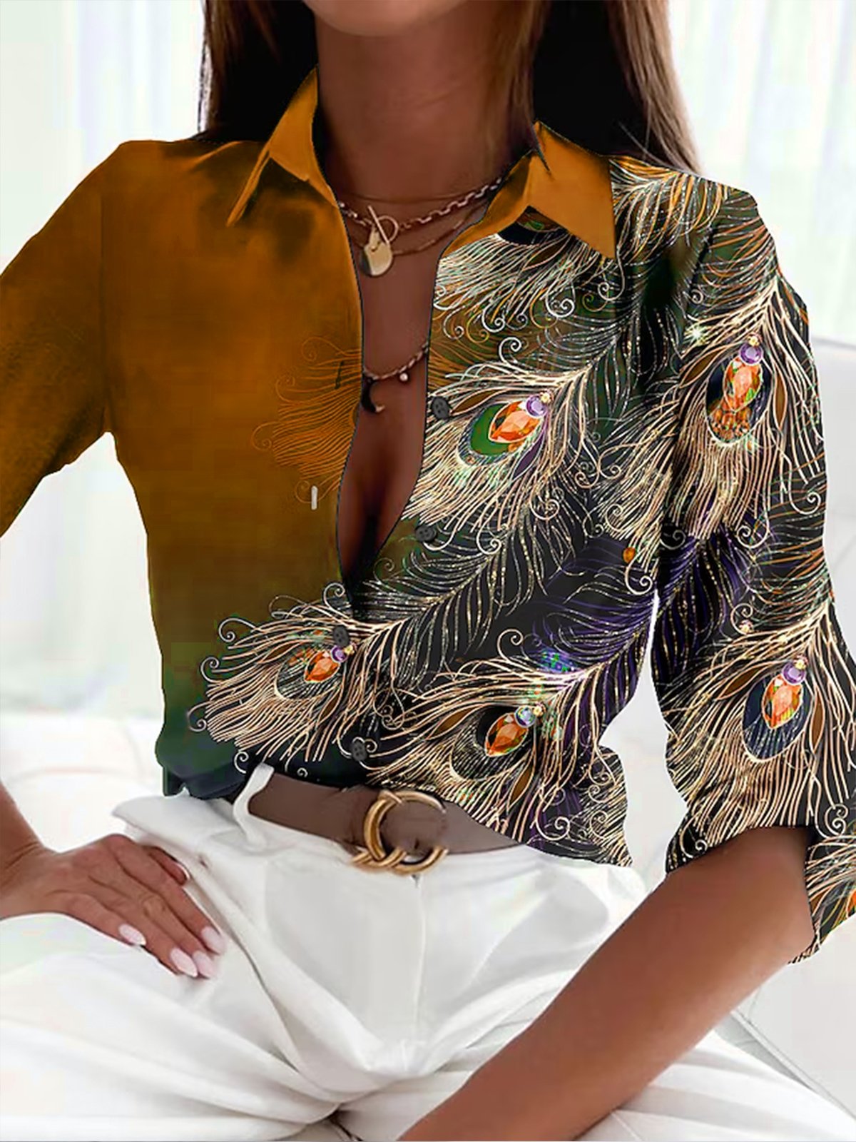 Brigitta- Elegant Women's Feather Print Blouse in Vibrant Colors