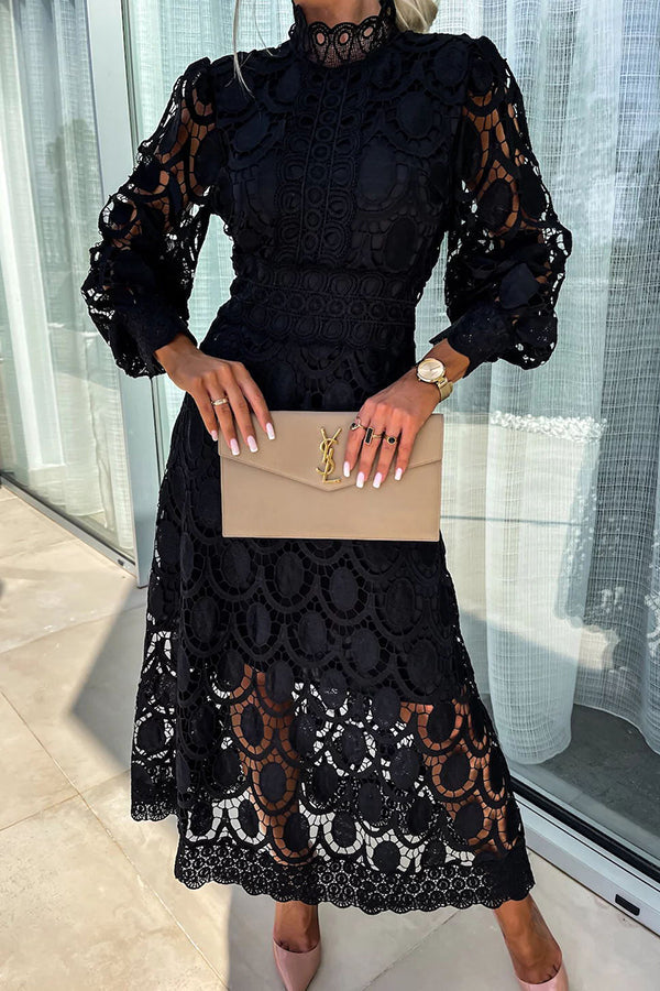 Clementina - Elegant Women's Lace Midi Dress with High Neck and Puff Sleeves