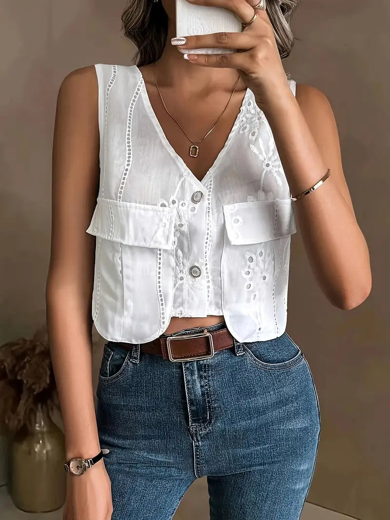 Jacintha - Stylish Cotton Vest with Delicate Embroidery and Functional Pockets