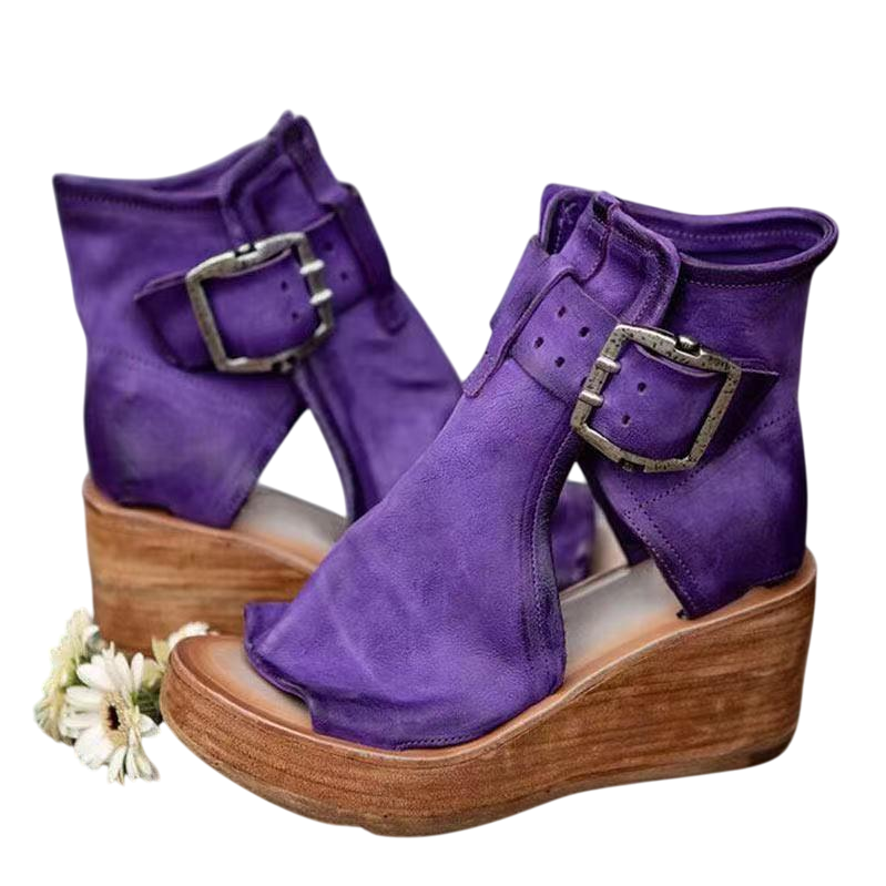Audrey - Vintage Leather Wedge Sandals with Oversized Buckle Detail