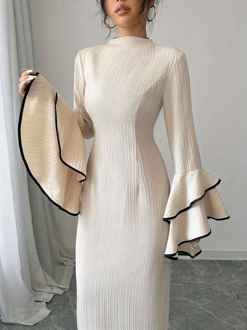 Nerys - Elegant Midi Dress with Flared Sleeves and High Neckline