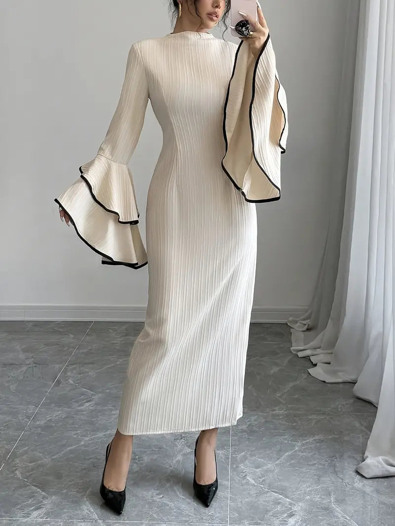 Nerys - Elegant Midi Dress with Flared Sleeves and High Neckline