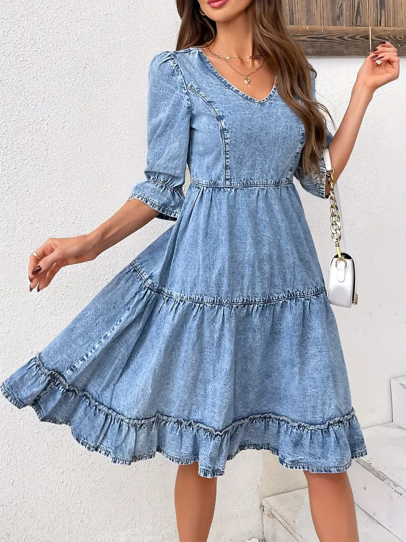 Leocadia - Stylish Casual Denim Dress with V-neck and Tiered Ruffles