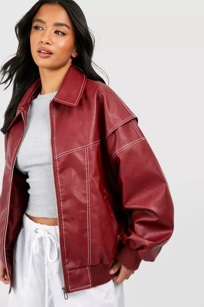 Isabel - Trendy Red Oversized Leather Jacket for Bold Fashion Statements