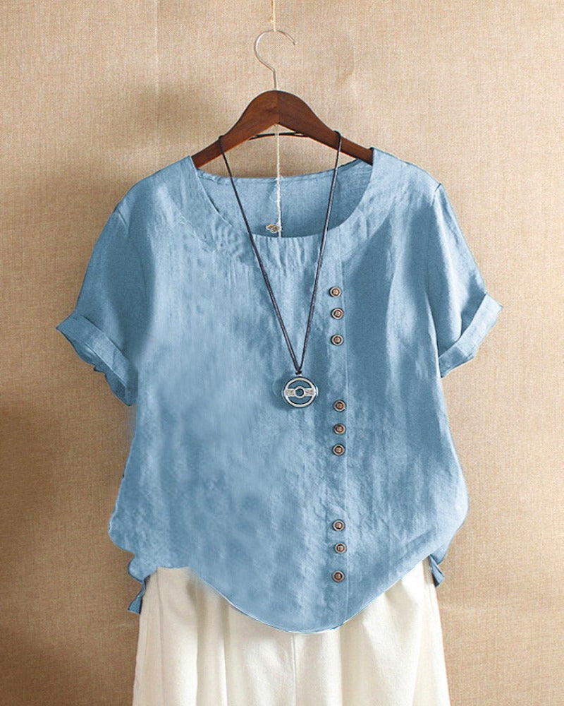 Adriana - Plain Short-Sleeved Blouse with Round Neck and Button Detail