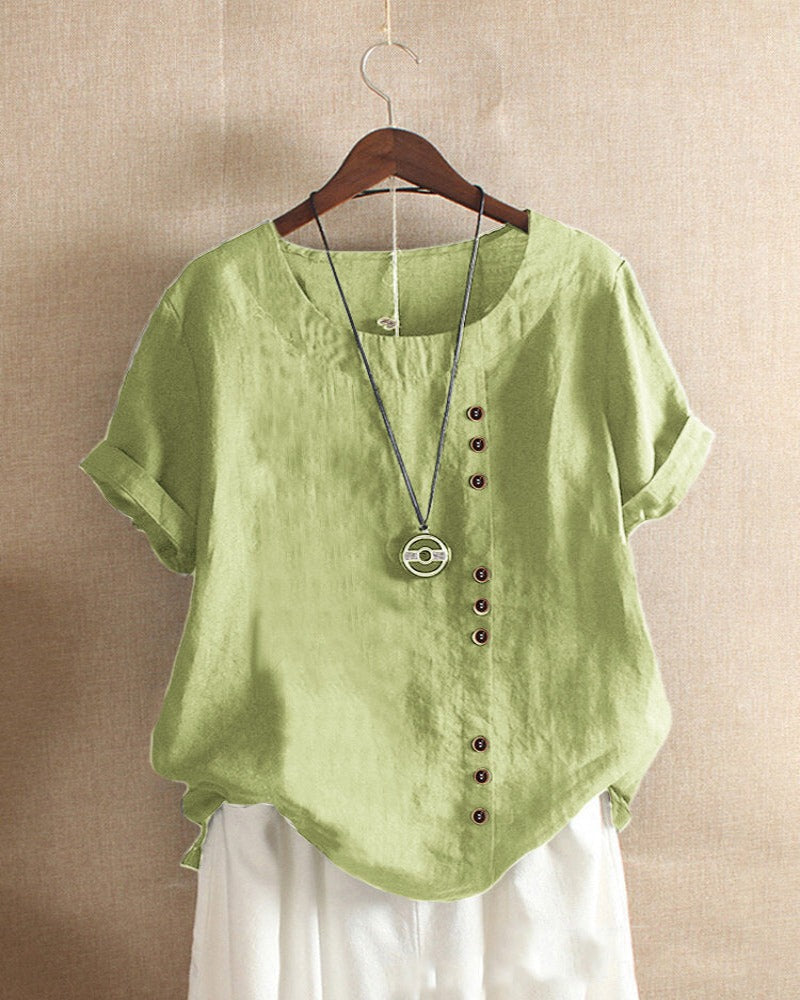 Adriana - Plain Short-Sleeved Blouse with Round Neck and Button Detail