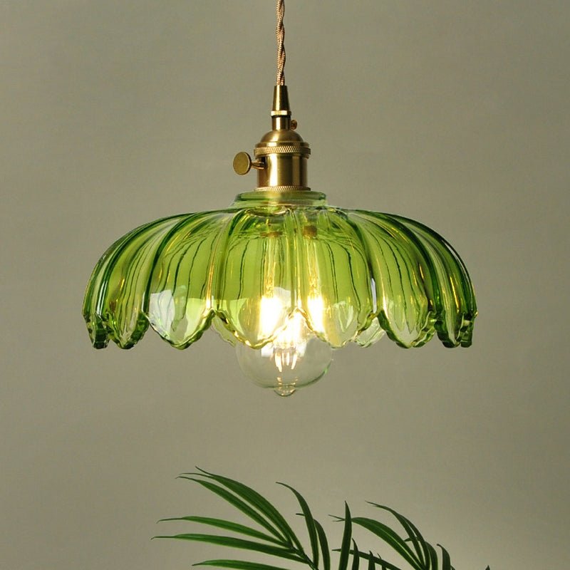 Evorra - Vintage Glass Flower Pendant Lamp With Green Amber Glass