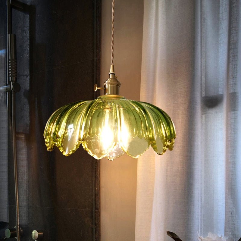 Evorra - Vintage Glass Flower Pendant Lamp With Green Amber Glass
