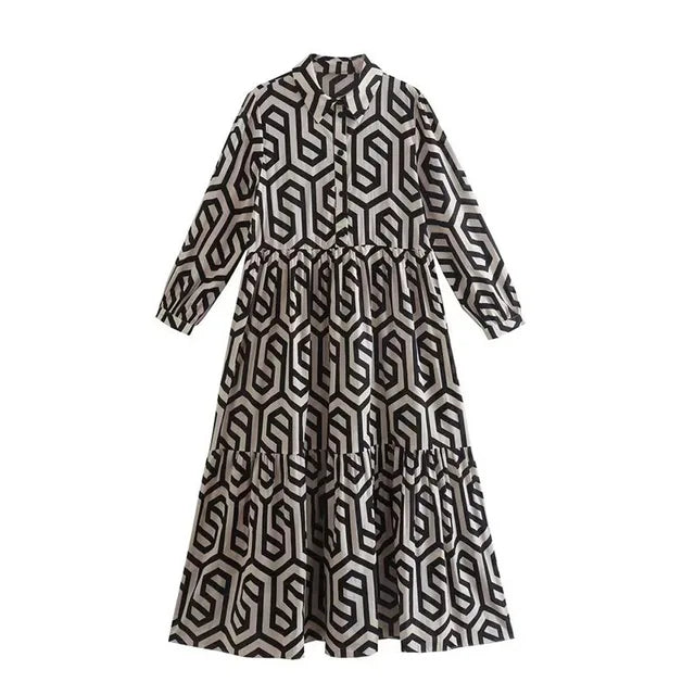 Chloe - Stylish Long-Sleeved Dress with Geometric Pattern