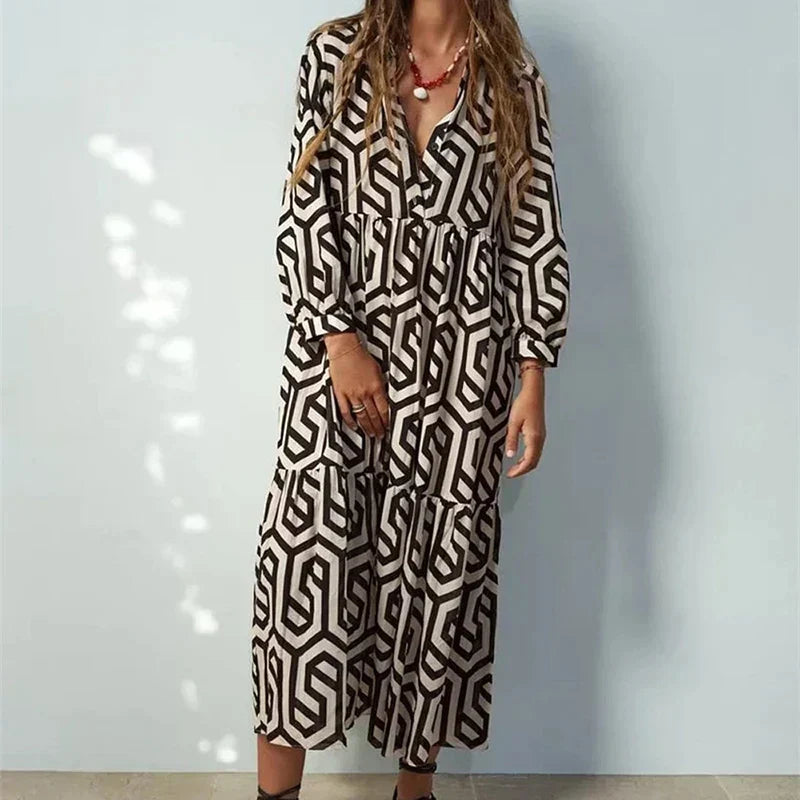 Chloe - Stylish Long-Sleeved Dress with Geometric Pattern