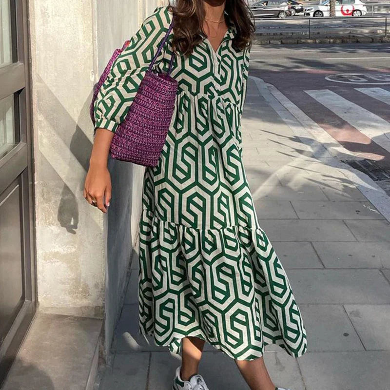 Chloe - Stylish Long-Sleeved Dress with Geometric Pattern