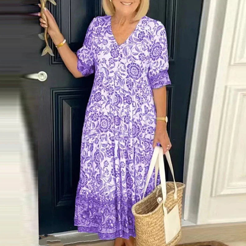 Nola - Bohemian V-neck Dress with Vibrant Floral Print