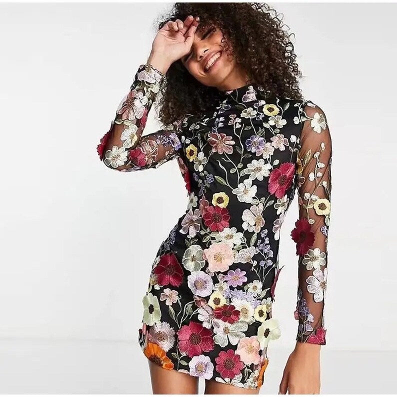 Helena - Elegant Mini Dress with Floral Appliqués and Translucent Design