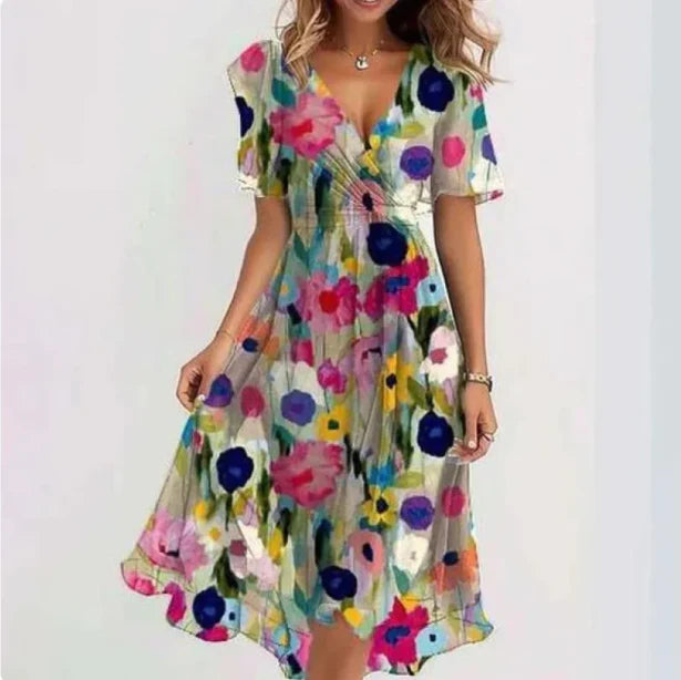 Annegret - Stylish Women's V-neck Dress with Flowy Design and Floral Patterns