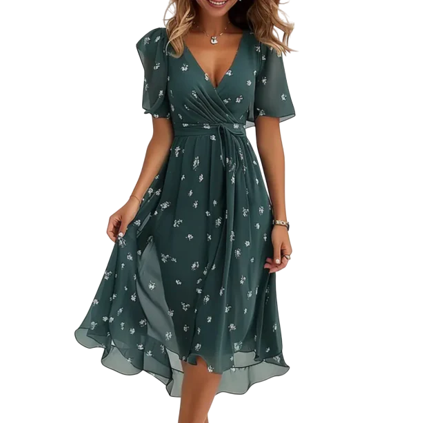 Annegret - Stylish Women's V-neck Dress with Flowy Design and Floral Patterns