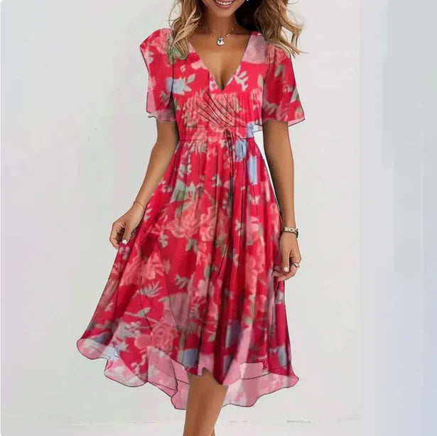 Annegret - Stylish Women's V-neck Dress with Flowy Design and Floral Patterns