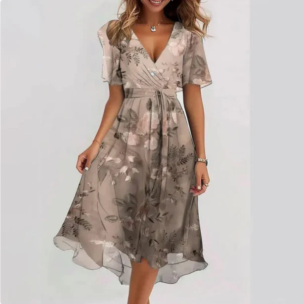 Annegret - Stylish Women's V-neck Dress with Flowy Design and Floral Patterns