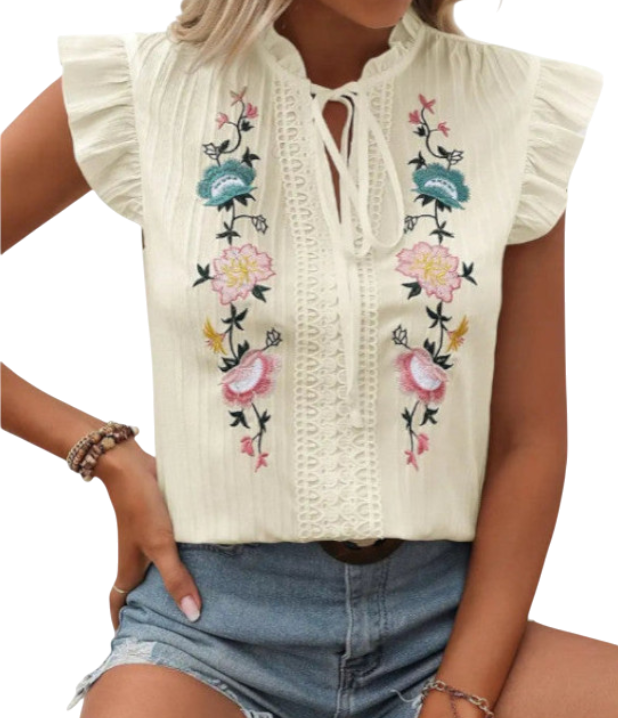 Delilah - Vintage Blouse with Embroidered Ruffle Sleeves and Floral Detail