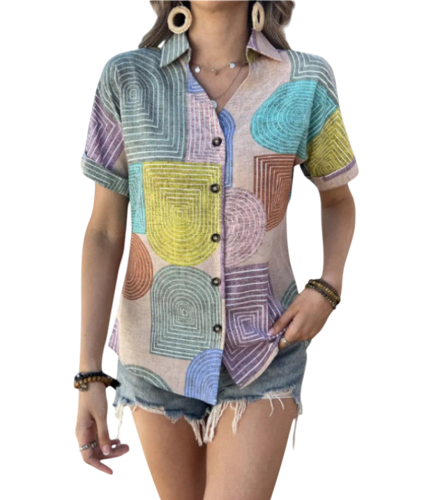 Deborah - Stylish Multicolored Blouse with Geometric Print and Button-Front Closure