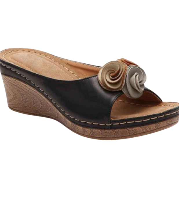 Josephine - Elegant Wedge Sandals with Floral Appliqué and Comfortable Design