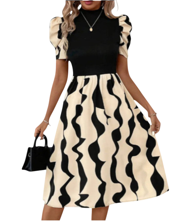 Jasmine - Elegant Midi Dress with Puff Sleeves and Striking Wave Print