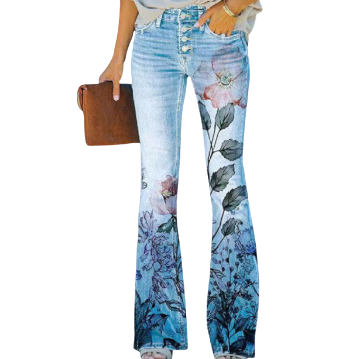 Dania - Trendy Flared Jeans with Four Button Front and Floral Design