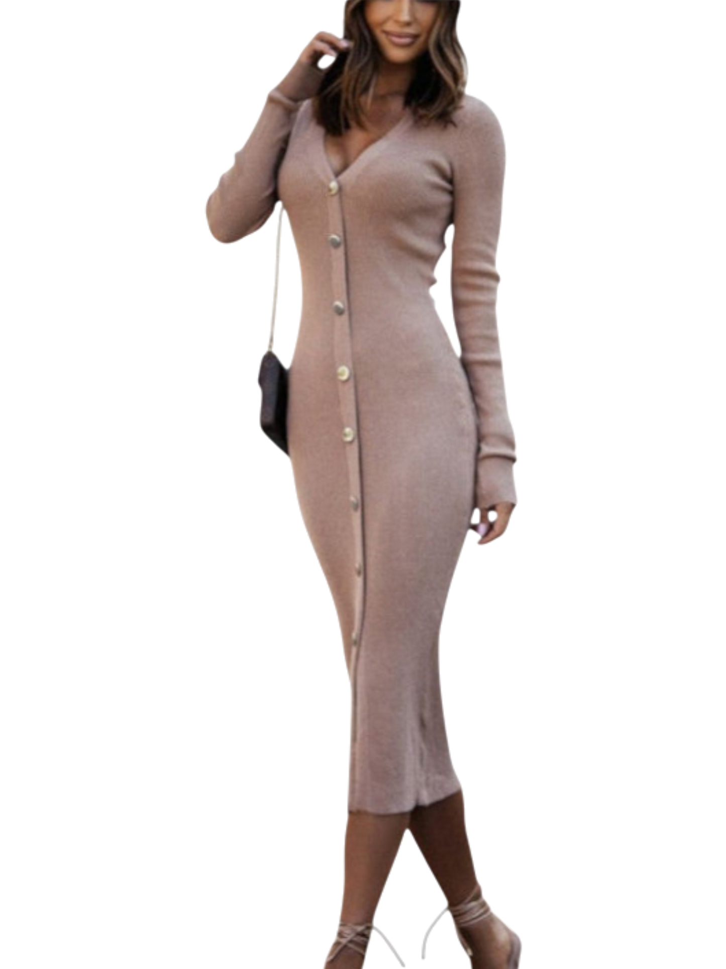 Nan - Elegant Ribbed Button-Front Midi Sweater Dress with Long Sleeves