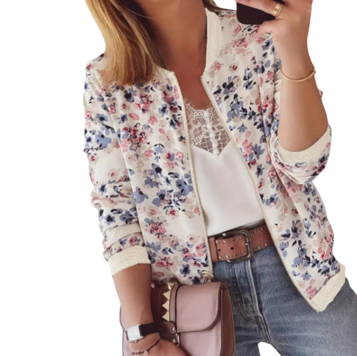 Jayne - Floral Bomber Jacket in Lightweight Cream Fabric