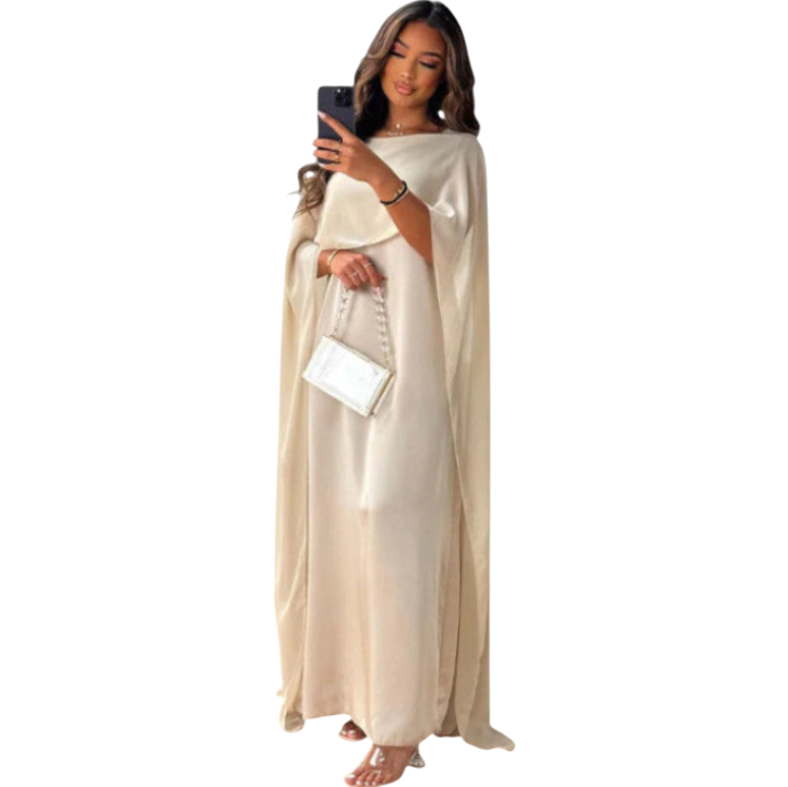 Katie - Elegant and Luxurious Satin Maxi Dress with Boat Neckline and Cape Sleeves