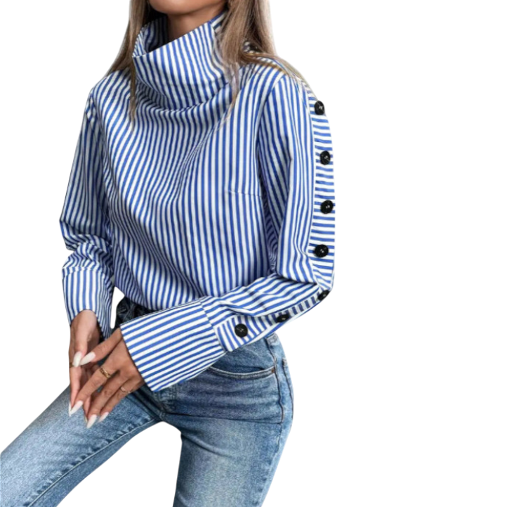 Kathleen - Stylish Striped Blouse with High Collar and Button Cuffs