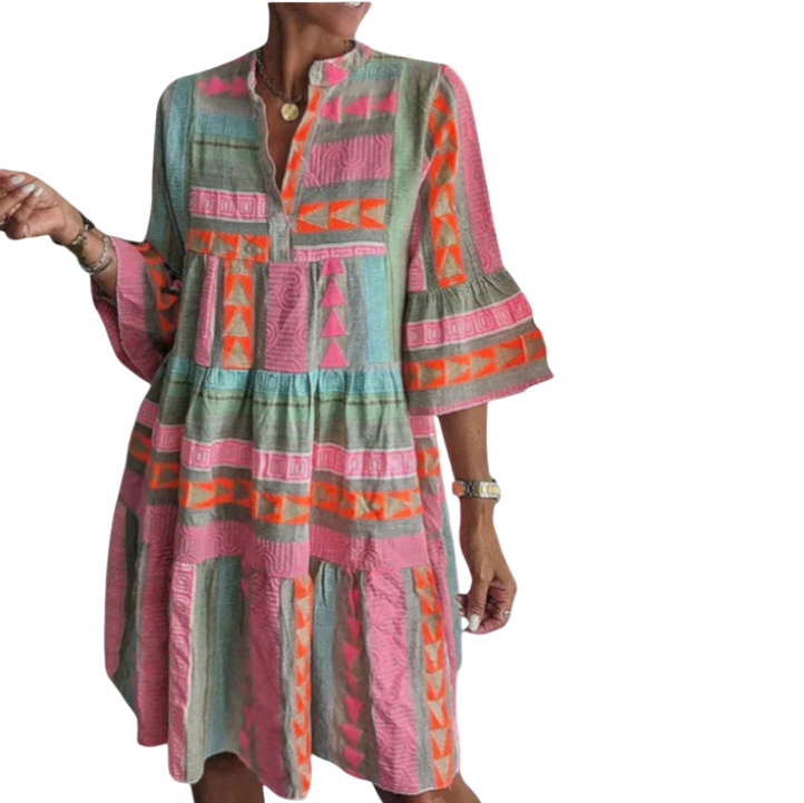 Yasmine - Striking Midi Dress with Deep V-neck and Colorful Pattern
