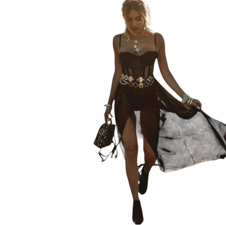 Yolanda - Stylish Mesh Maxi Dress with Sheer and Structured Bodice