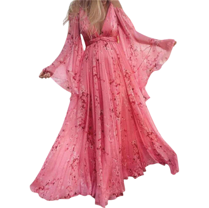 Yvonne - V-neck Floral Chiffon Maxi Dress with Flowing Silhouette