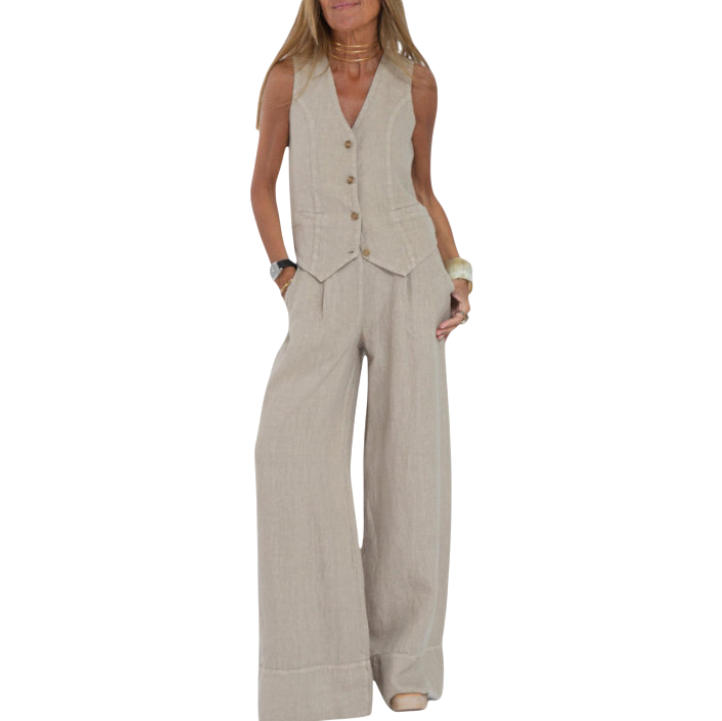 Alexandria - Women's Elegant 2-Piece Linen Set with Wide-Leg Trousers and Cardigan