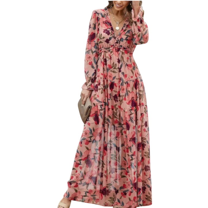 Alison - Elegant Floral Maxi Dress with V-neck and Long Sleeves