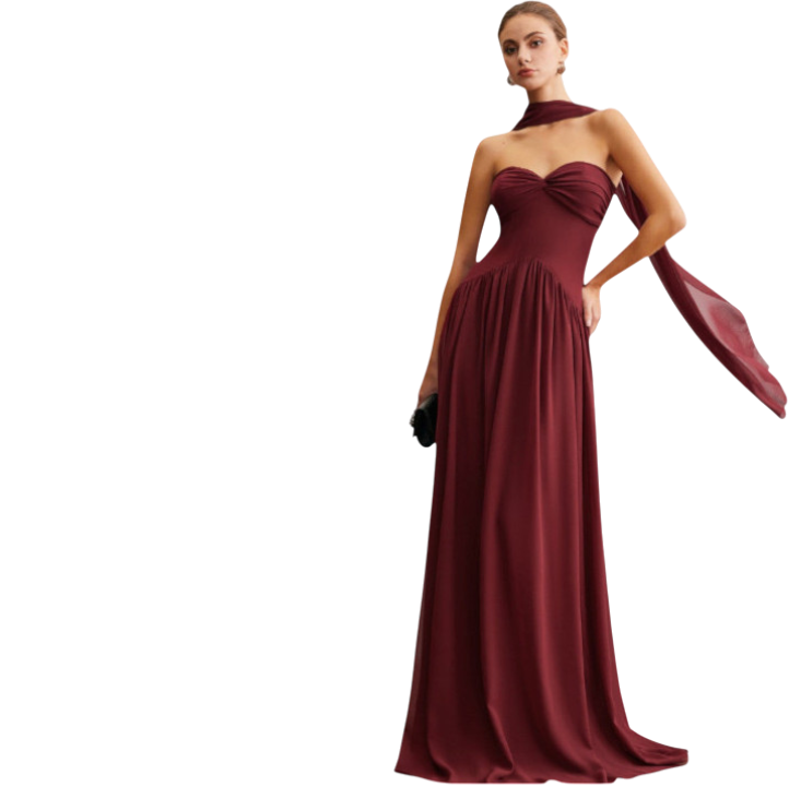 Angela - Elegant Burgundy Chiffon Maxi Dress for Timeless Style